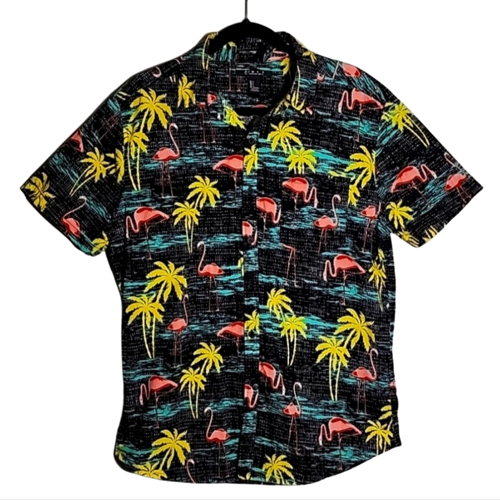 Men's Hawaiian Shirt Flamingos Vacation Tropical Large